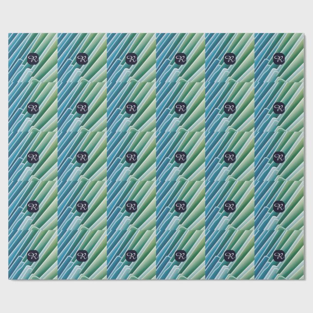Custom Monogram Blue Green Abstrakt Wrapping Paper Geschenkpapier (Flach)