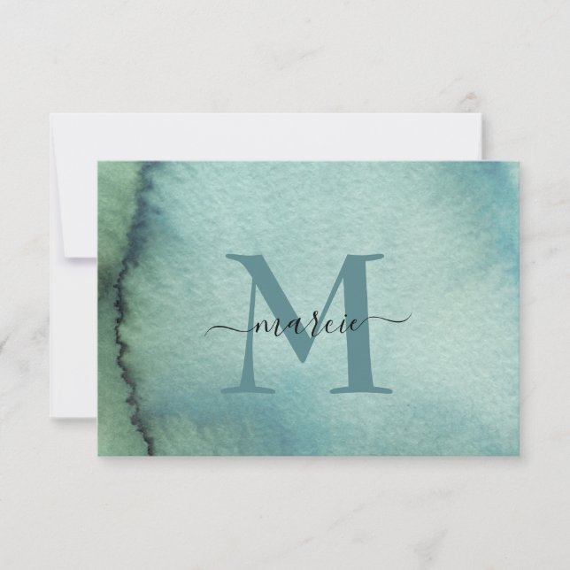 Custom Monogram Blue Green Wassercolor Dankeskarte (Vorderseite)