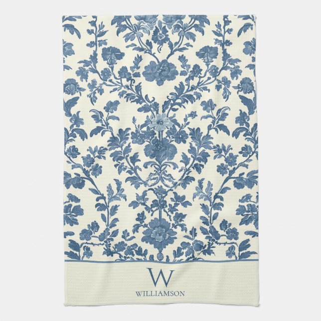 Custom Monogram Blue Toile Kitchen Handtuch (Vertikal)
