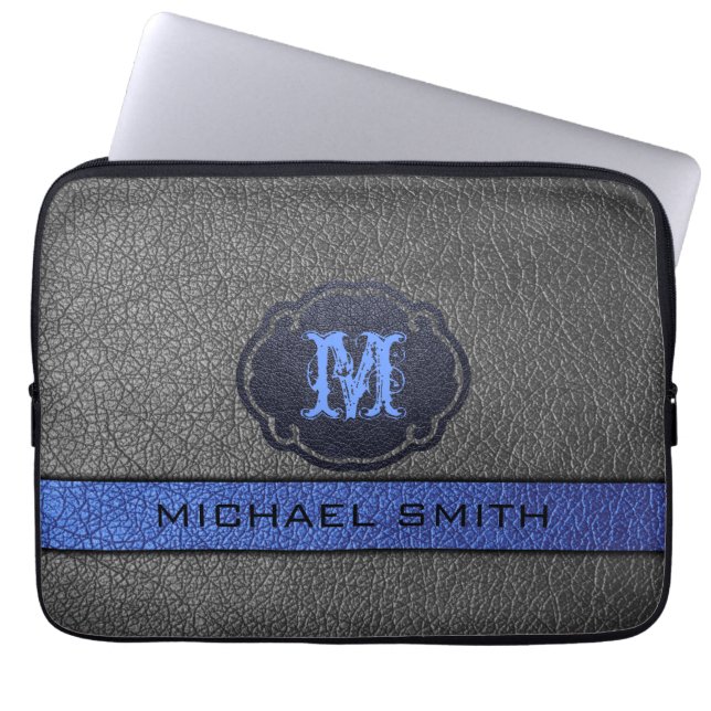 Custom Monogram Blue und Black Leather Laptopschutzhülle (Vorderseite)