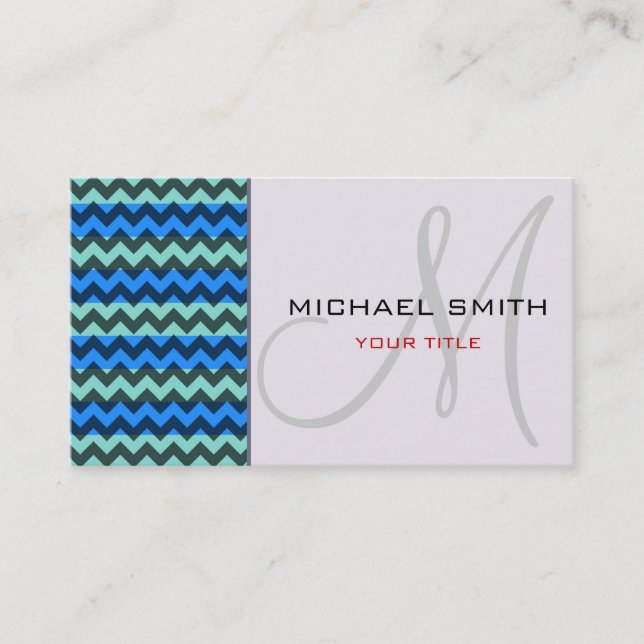 Custom Monogram Blue Zickzack Zigzag Muster Visitenkarte (Vorderseite)