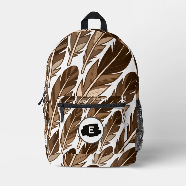 Custom Monogram Boho Feather Backpack - Braun Bedruckter Rucksack (Vorderseite)