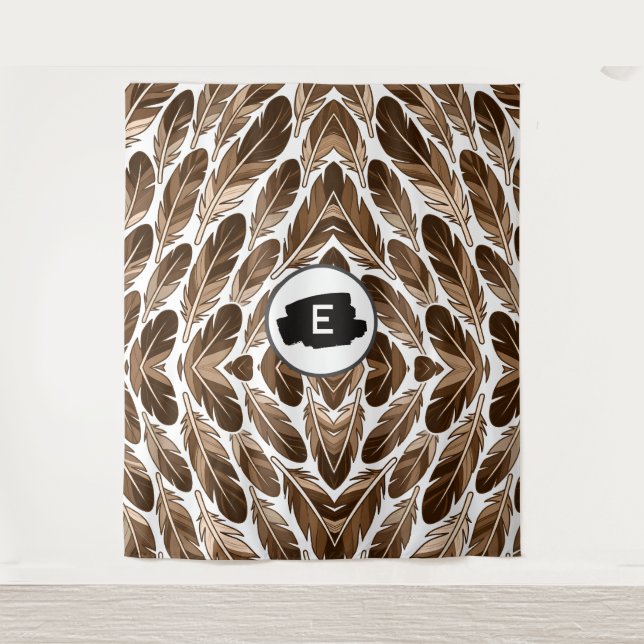 Custom Monogram Boho Tapestry - Brown Feathers Wandteppich (Vorderseite)