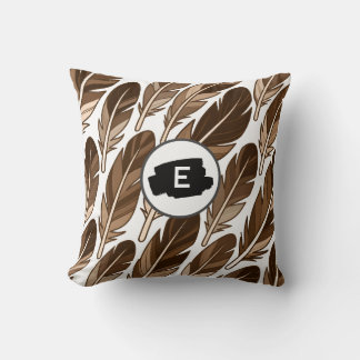 Custom Monogram Boho Throw Pillow - Brown Feathers Kissen