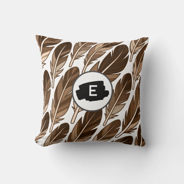 Custom Monogram Boho Throw Pillow - Brown Feathers Kissen (Vorderseite)