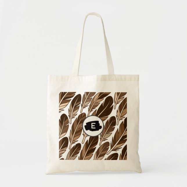 Custom Monogram Boho Tote Bag - Brown Feathers Tragetasche (Vorne)