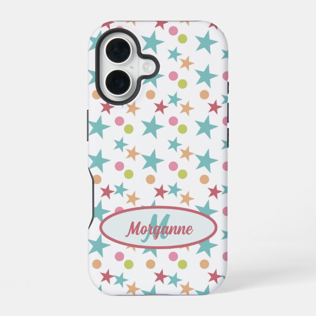 Custom Monogram Bright Pastel fröhliches Muster iPhone 16 Hülle (Rückseite)