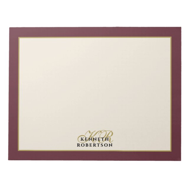 Custom Monogram Burgundy Cream Gold Minimalist Men Notizblock (Vorderseite)