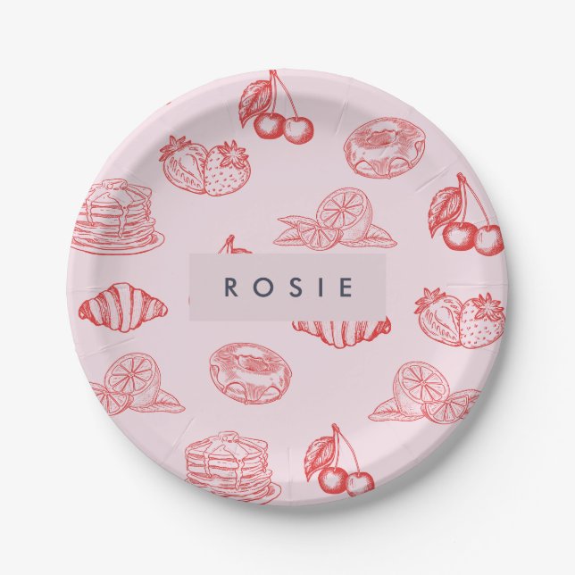 Custom Monogram Charming Girly Cherry Strawberry Pappteller (Vorderseite)