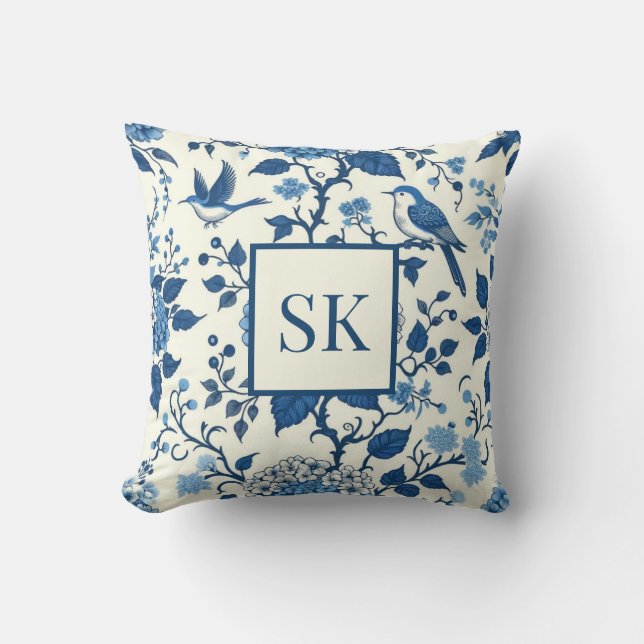 Custom Monogram Chinoiserie Blue und White Kissen (Vorderseite)