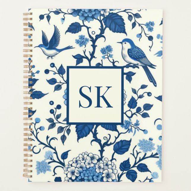 Custom Monogram Chinoiserie Blue und White Planer (Vorderseite)