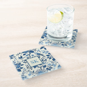 Custom Monogram Chinoiserie Chic, Hydrangeas Glasuntersetzer