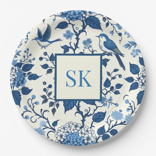 Custom Monogram Chinoiserie Chic, Hydrangeas Pappteller (Vorderseite)