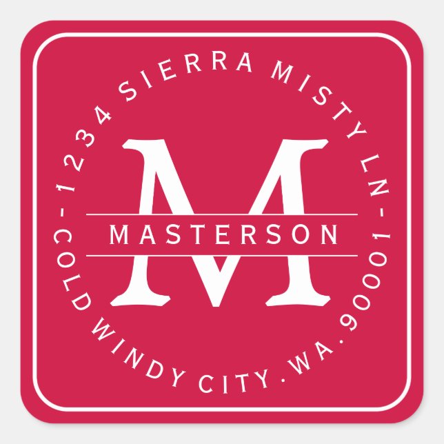 Custom Monogram Christmas Rücksendeadresse Quadratischer Aufkleber (Vorderseite)