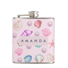 Custom Monogram Coastal Seashell Pearl Ocean Gesch Flachmann