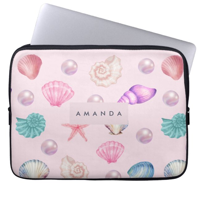 Custom Monogram Coastal Seashell Pearl Ocean Gesch Laptopschutzhülle (Vorderseite)