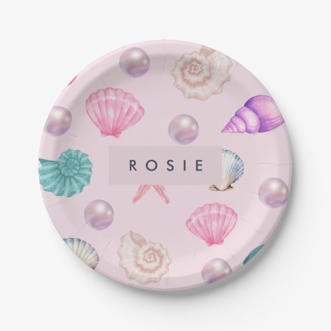Custom Monogram Coastal Seashell Pearl Ocean Gesch Pappteller (Vorderseite)
