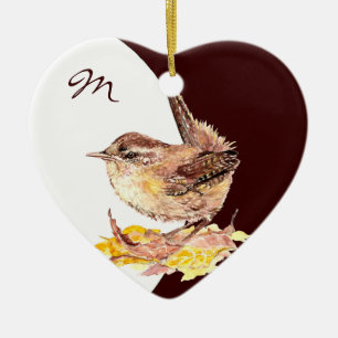 Custom Monogram Dating Watercolor Wren Bird Keramikornament