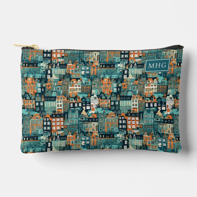 Custom Monogram Dutch Houses Pattern Zubehörtasche (Vorderseite)