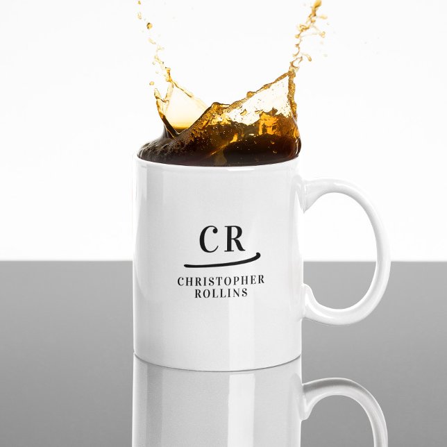 Custom Monogram Elegant Minimal Schwarz und Weiß Kaffeetasse (Stylish custom coffee mug for coffee lovers. )