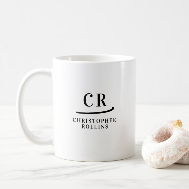 Custom Monogram Elegant Minimal Schwarz und Weiß Kaffeetasse (Mit Donut)