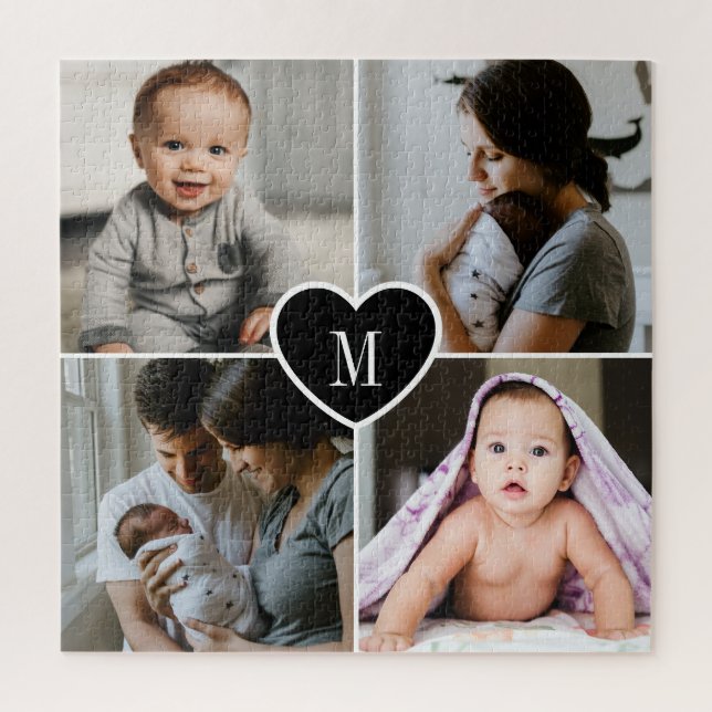 Custom Monogram Family Foto Collage Black Heart Puzzle (Vertikal)