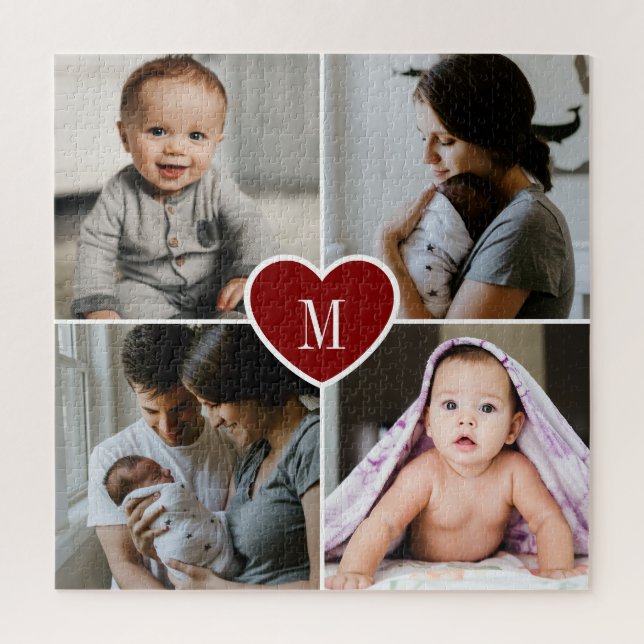 Custom Monogram Family Foto Collage Red Heart Puzzle (Vertikal)