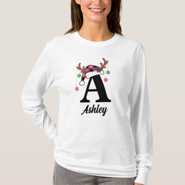 Custom Monogram Family Weihnachten Karierte Weihna T-Shirt (Vorderseite)