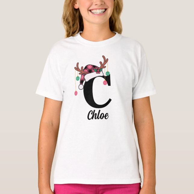 Custom Monogram Family Weihnachten Karierte Weihna T-Shirt (Vorderseite)