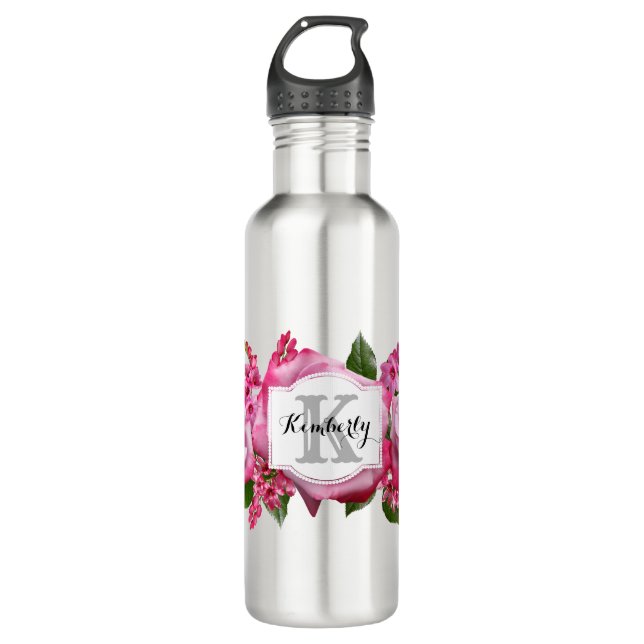 Custom Monogram - Floral Edelstahlflasche (Vorderseite)