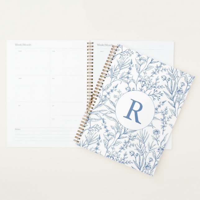 Custom Monogram French Toile Blue Floral 2025 Planer (Anzeige)