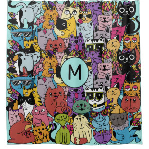 Custom Monogram Funny Cats Illustration Duschvorhang