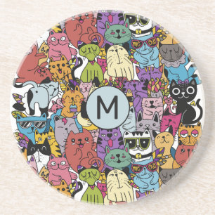 Custom Monogram Funny Cats Illustration Getränkeuntersetzer