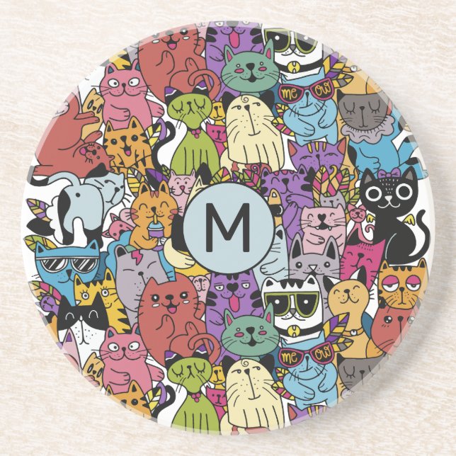 Custom Monogram Funny Cats Illustration Getränkeuntersetzer (Vorne)