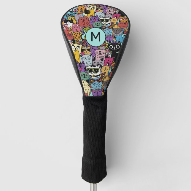 Custom Monogram Funny Cats Illustration Golf Headcover (Vorderseite)