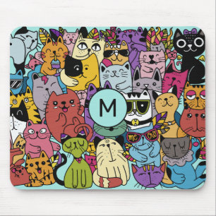 Custom Monogram Funny Cats Illustration Mousepad