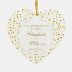 Custom Monogram Gold Hearts Confetti Wedding Keramik Ornament