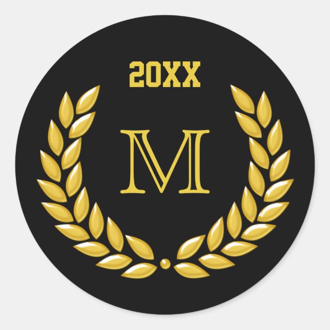Custom Monogram Gold Laurel Wreath auf Black Runder Aufkleber (Vorderseite)