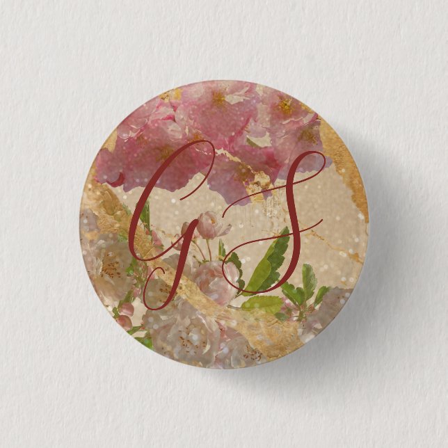 Custom Monogram Gold Shimmer Floral Decoupage Button (Vorderseite)