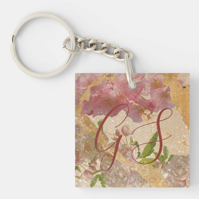 Custom Monogram Gold Shimmer & Pink Floral Design Schlüsselanhänger (Vorderseite)