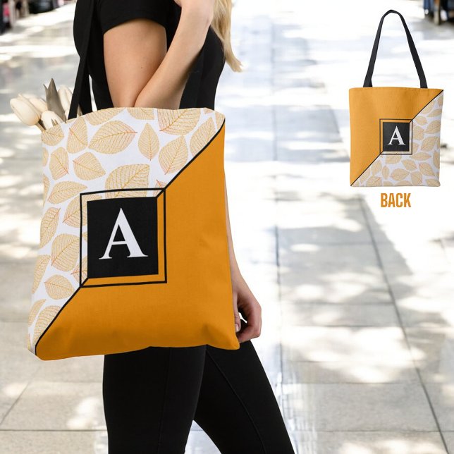 Custom Monogram Gold Yellow Leaf Muster Diagonal (front and back shoulder tote bag design with initial letter monogram )