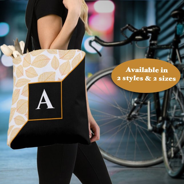 Custom Monogram Gold Yellow Leaf Muster Diagonal (This easy to personalize diagonal designed tote is ready for personalization as a gift for for you. )