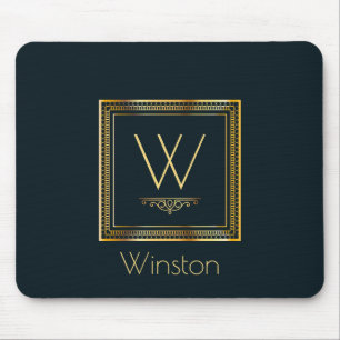 Custom Monogram Golden on Dark Blue Mousepad