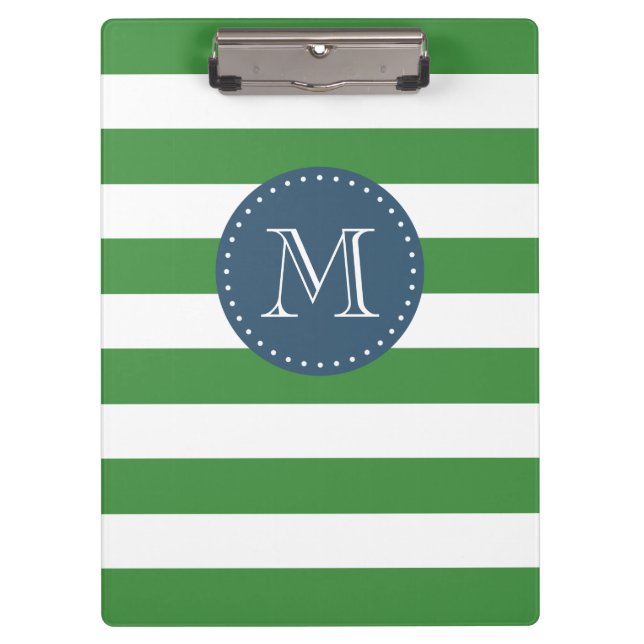 Custom Monogram Green und Navy Blue Bold Strips Klemmbrett (Vorderseite)