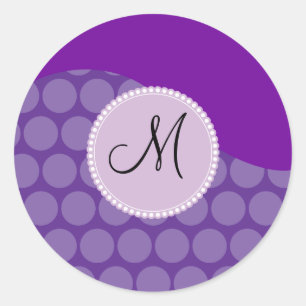 Custom Monogram Initial Purple Polka Dot Wave Runder Aufkleber