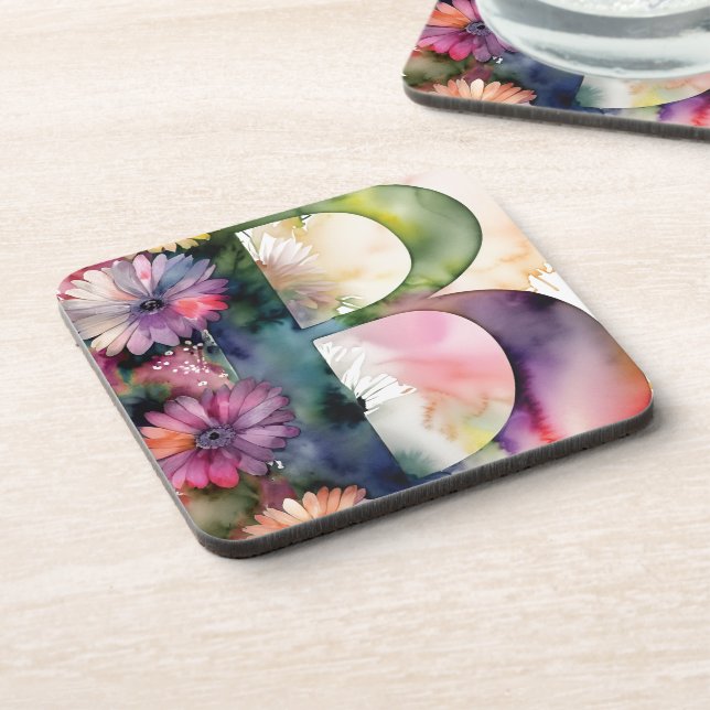 Custom Monogram Jewel Tone Wasserfarbe Floral Getränkeuntersetzer (Linke Seite)