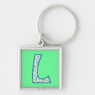 Custom Monogram L Keychain, Blue Floral Pattern Schlüsselanhänger