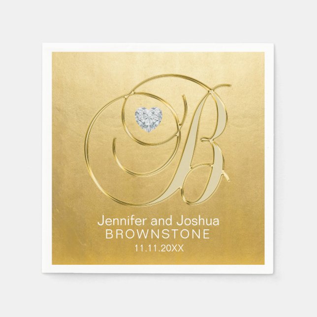 Custom Monogram Letter B Gold Foil Heart Wedding Serviette (Vorderseite)