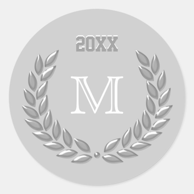 Custom Monogram Light Gray Laurel Wreath Runder Aufkleber (Vorderseite)