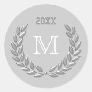 Custom Monogram Light Gray Laurel Wreath Runder Aufkleber